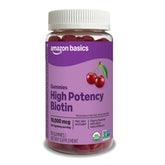 Amazon Basics Biotin gummies packaging shown, supporting everyday hair and nail wellness.