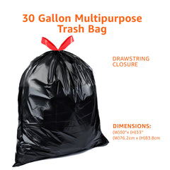 Amazon Basics black trash bag with red drawstring for easy handling