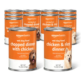 Amazon Basics chopped dinner dog food can featuring chicken chunks for protein.