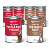 Amazon Basics chopped ground dinner front packaging—protein-rich complete meal for dogs