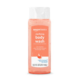 Amazon Basics Clarifying Pink Grapefruit Body Wash bottle front; dermatologist-tested formula helps manage breakouts.