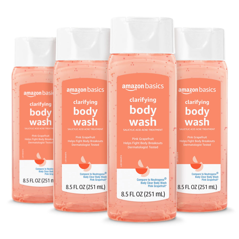 Amazon Basics Clarifying Pink Grapefruit Body Wash bottle-front highlights 8.5 oz for daily refreshing cleansing.