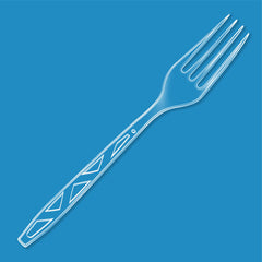 Amazon Basics clear plastic forks with cut-out design for a stylish, sturdy dining experience.