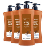 Amazon Basics Cocoa Butter Lotion 4-pack bottle hydrates dry skin with non-greasy feel