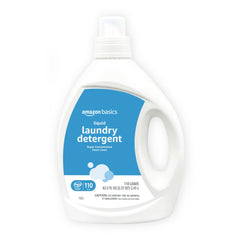 Amazon Basics Concentrated Laundry Detergent bottle in Clean Linen, delivering more loads.