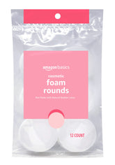 Amazon Basics Cosmetic Foam Rounds packaging and 12-count container for easy access
