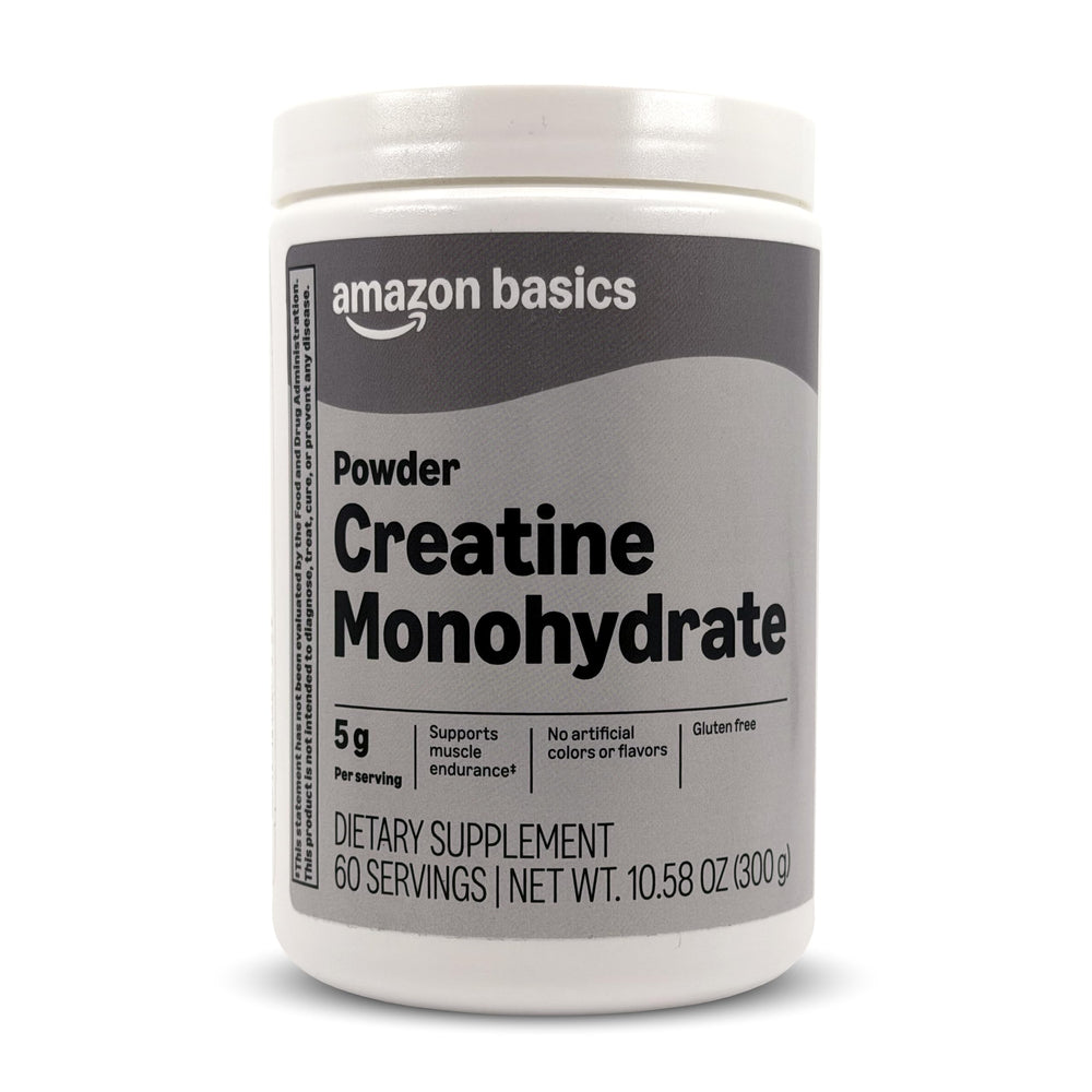 Amazon Basics creatine monohydrate powder container shown for endurance and strength support.