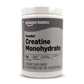 Amazon Basics creatine monohydrate powder container shown for endurance and strength support.