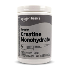 Amazon Basics creatine monohydrate powder container shown for endurance and strength support.