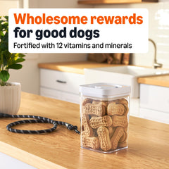 Amazon Basics Crunchy Dog Biscuits beside a dog during training session; great reward.