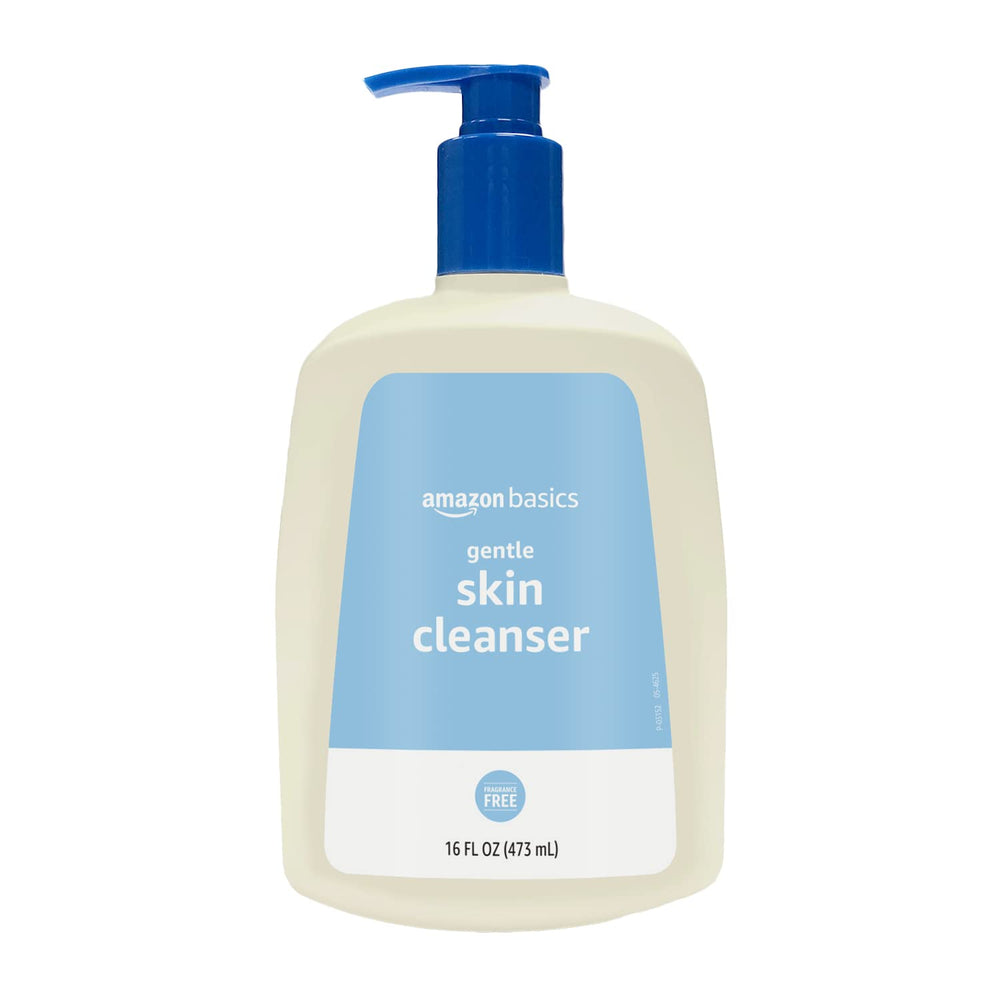 Amazon Basics Daily Facial Cleanser bottle front, fragrance-free for sensitive skin.