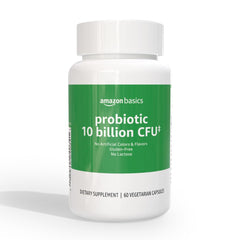 Amazon Basics Daily Probiotic bottle with 60 vegetarian capsules for daily digestive support.