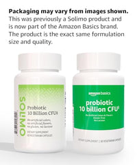 Amazon Basics probiotic capsules close up for easy daily intake.