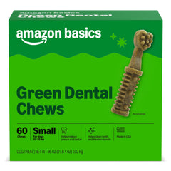 Amazon Basics dental dog chews 60-count pack front view helps clean teeth and freshen breath.