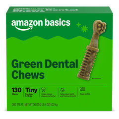 Amazon Basics Dental Dog Treats packaging shows trusted brand for pet oral care