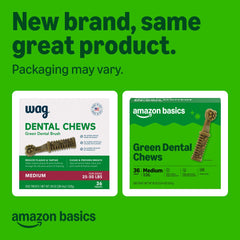 Amazon Basics dental dog treats textured chews aid plaque reduction during chewing.