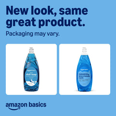 Amazon Basics dish soap bottle closeup highlights fresh scent and paraben-free formula.