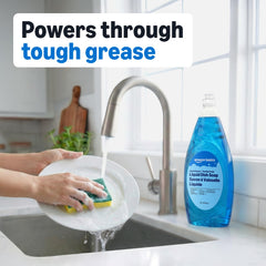 Amazon Basics dish soap bubbles over dishes for sparkling glassware.