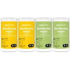Amazon Basics Disinfecting Wipes lemon scent canister for quick surface cleaning and deodorizing.