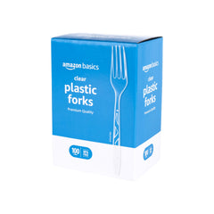 Amazon Basics disposable forks, 100-count pack, ideal for quick setup at gatherings.