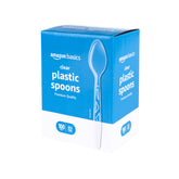 Amazon Basics disposable spoons packaging shot showing 100-count value.