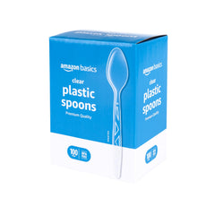 Amazon Basics disposable spoons packaging shot showing 100-count value.