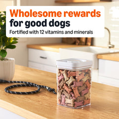 Amazon Basics Crunchy Dog Biscuits enriched with 12 vitamins and minerals for daily use.