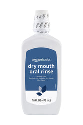 Amazon Basics Dry Mouth Oral Rinse bottle highlights alcohol-free mint formula for hydration