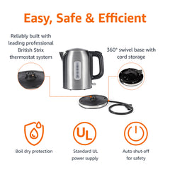 Amazon Basics Electric Kettle on base shows 360-degree swivel for easy serving