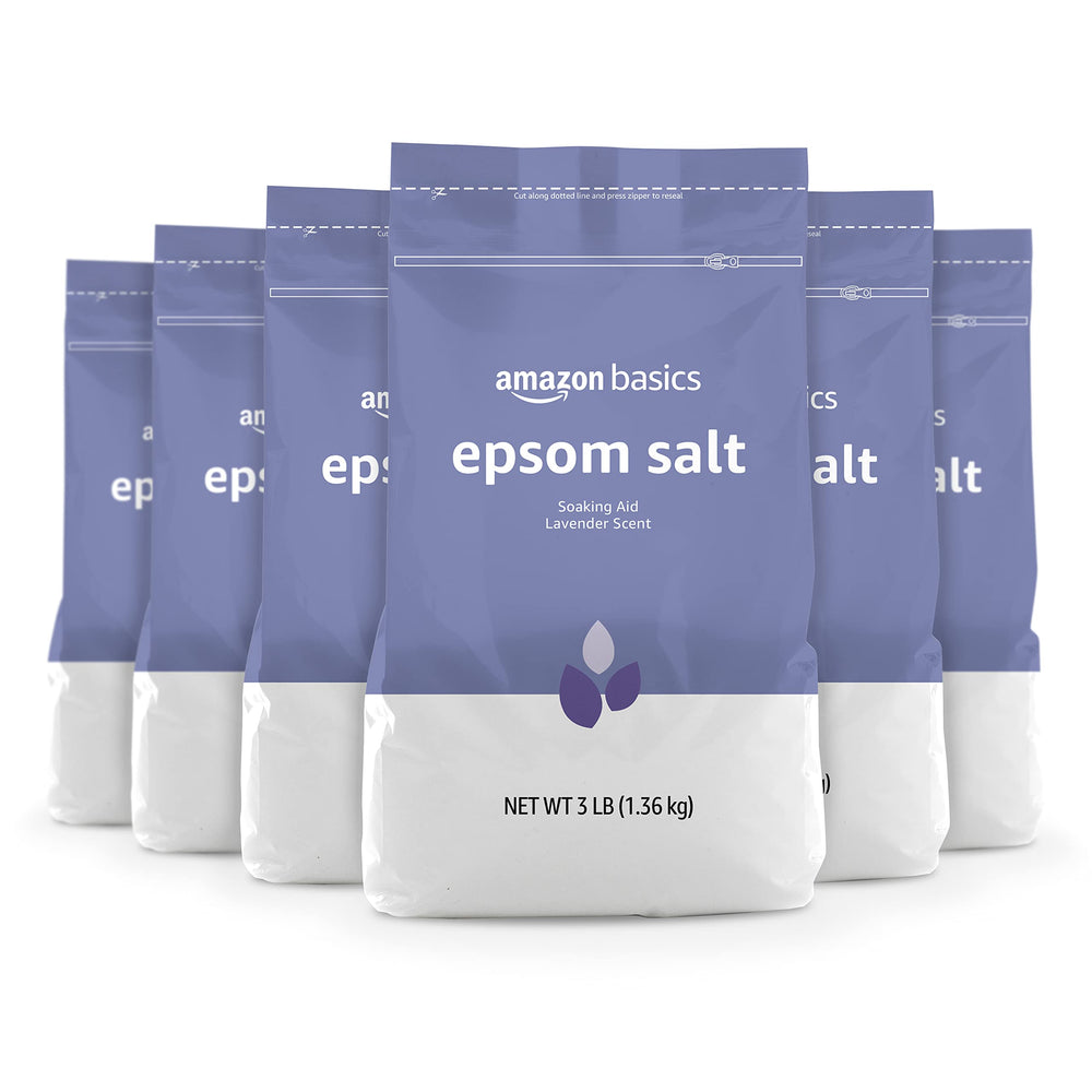 Amazon Basics Epsom Salt Lavender packaging with six resealable bags for convenient storage