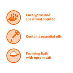 Label graphics of Amazon Basics Eucalyptus & Spearmint foaming bath highlighting essential oils.