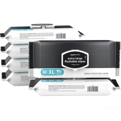Amazon Basics Extra Large Flushable Wipes front-pack display for quick, family-friendly cleaning.