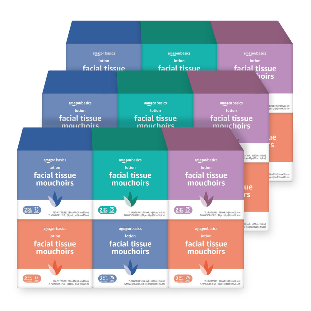 Amazon Basics facial tissues with lotion in a 2-ply box for daily use.