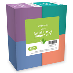 Amazon Basics Facial Tissues with Lotion packaging showcases sturdy, compact boxes for any room.