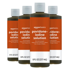 Amazon Basics first aid antiseptic 8oz bottle with povidone-iodine for quick cleanup.