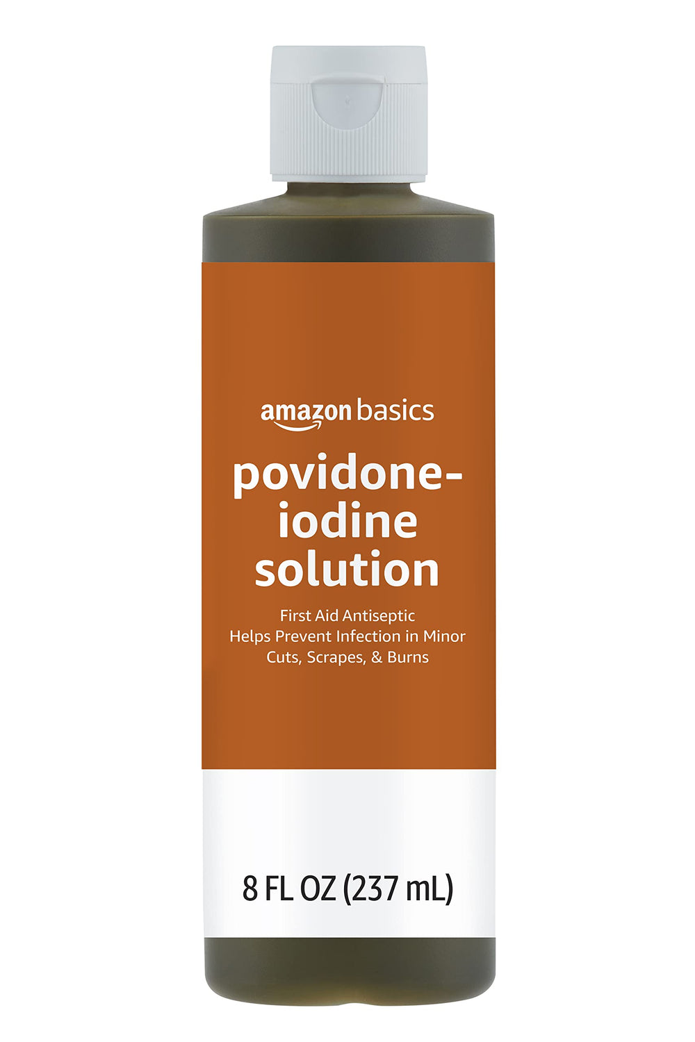Amazon Basics First Aid Antiseptic bottle shows wound cleaning on the go.