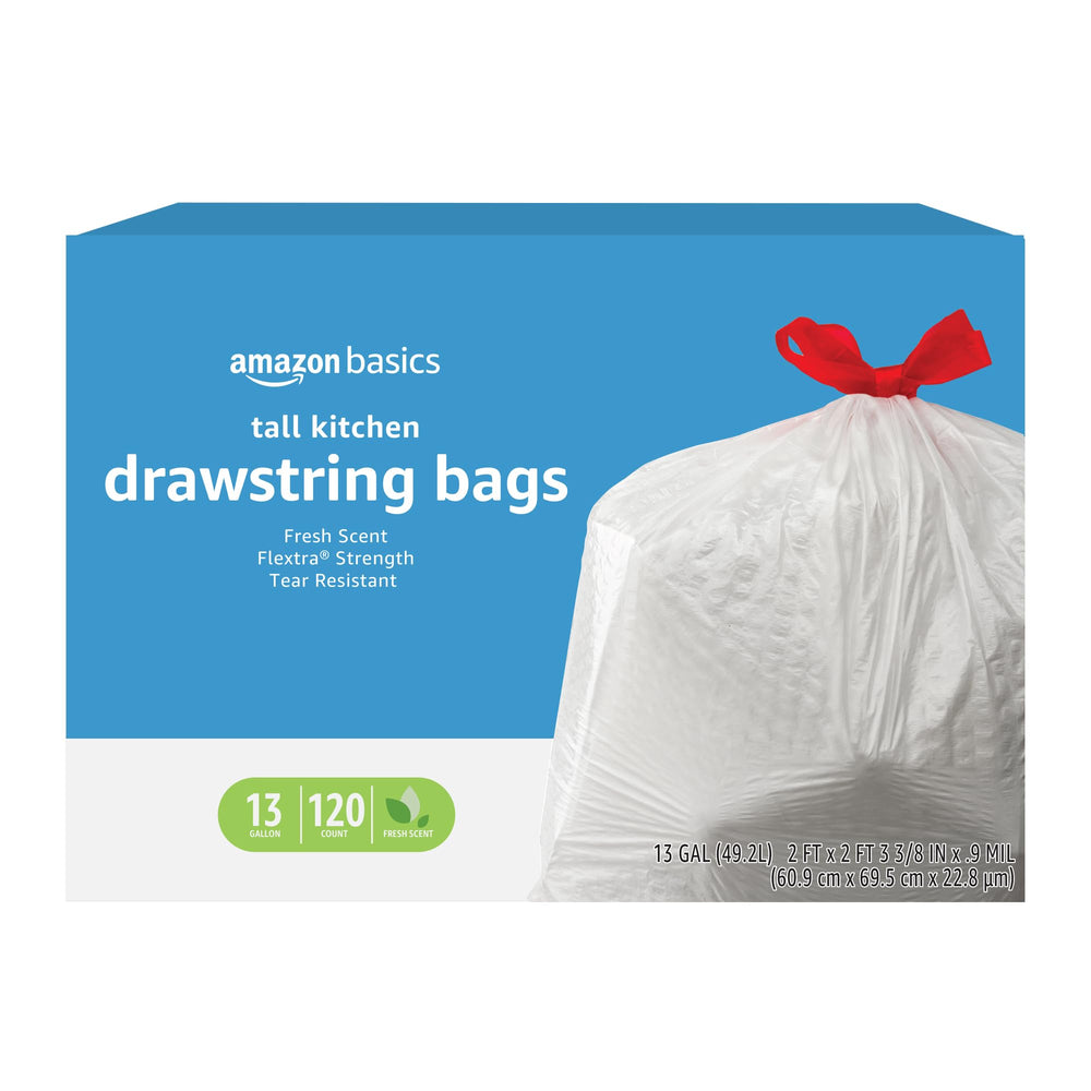 Amazon Basics flextra-strength tall kitchen bags with tear resistance for heavy loads.