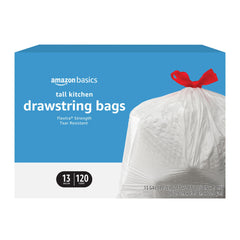 Amazon Basics Flextra tall kitchen bags in packaging view, convenient for quick selection.