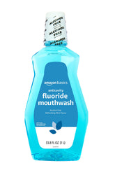 Amazon Basics fluoride mouthwash bottle with pour cap for daily use and cavity support.