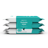 Amazon Basics fragrance-free flushable wipes pack overview showing 3-pack presentation.