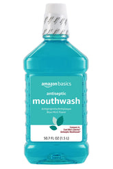 Amazon Basics Fresh Breath Mouthwash bottle with blue mint for daily oral hygiene