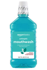 Amazon Basics Fresh Breath Mouthwash bottle with blue mint for daily oral hygiene