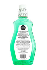 Amazon Basics Fresh Breath Mouthwash mint splash image highlights cooling aroma.