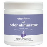 Amazon Basics Gel Odor Eliminator bottle shows lavender scent, helping freshen spaces with lasting odor control.