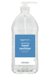 Amazon Basics Hand Sanitizer Original Scent bottle showing 62% ethyl alcohol and moisturizing formula.