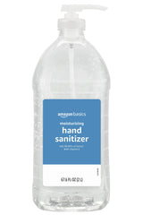 Amazon Basics Hand Sanitizer Original Scent bottle showing 62% ethyl alcohol and moisturizing formula.
