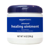 Amazon Basics Healing Ointment bottle pour showing fragrance-free barrier for dry skin.