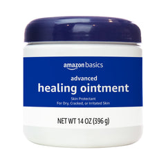 Amazon Basics Healing Ointment bottle pour showing fragrance-free barrier for dry skin.