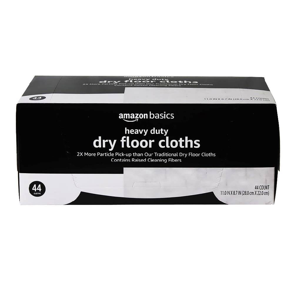 Amazon Basics heavy-duty dry floor cloths in use on a floor, trapping dust.