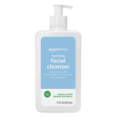 Amazon Basics Hydrating Cleanser bottle on display, moisturizes without fragrance.